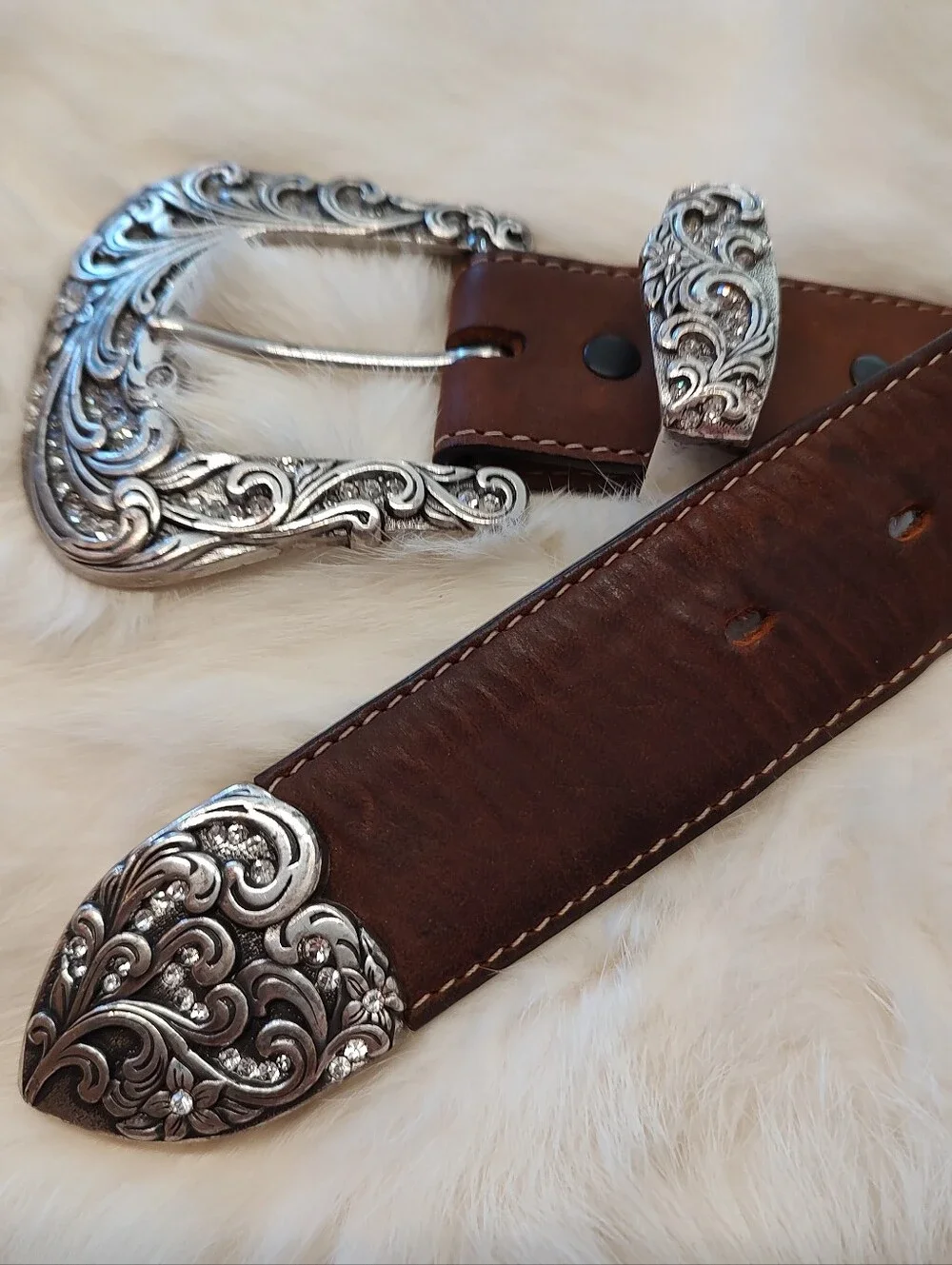 Tony Lama Leather Western Cowgirl Tooled Rhinestone Brown Bling Belt SZ: 32